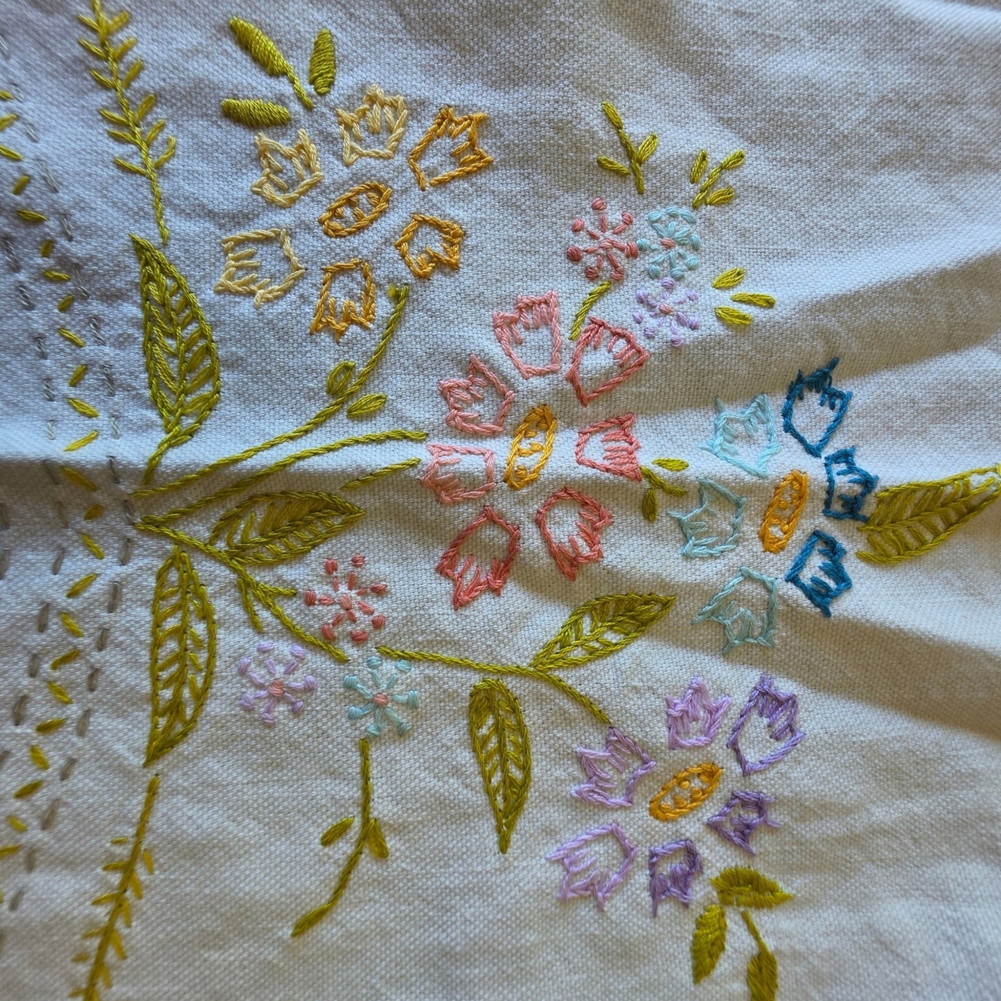 Vintage Embroidered Floral Scalloped Linen Placemat Dresser Scarf 17x10 Oblong