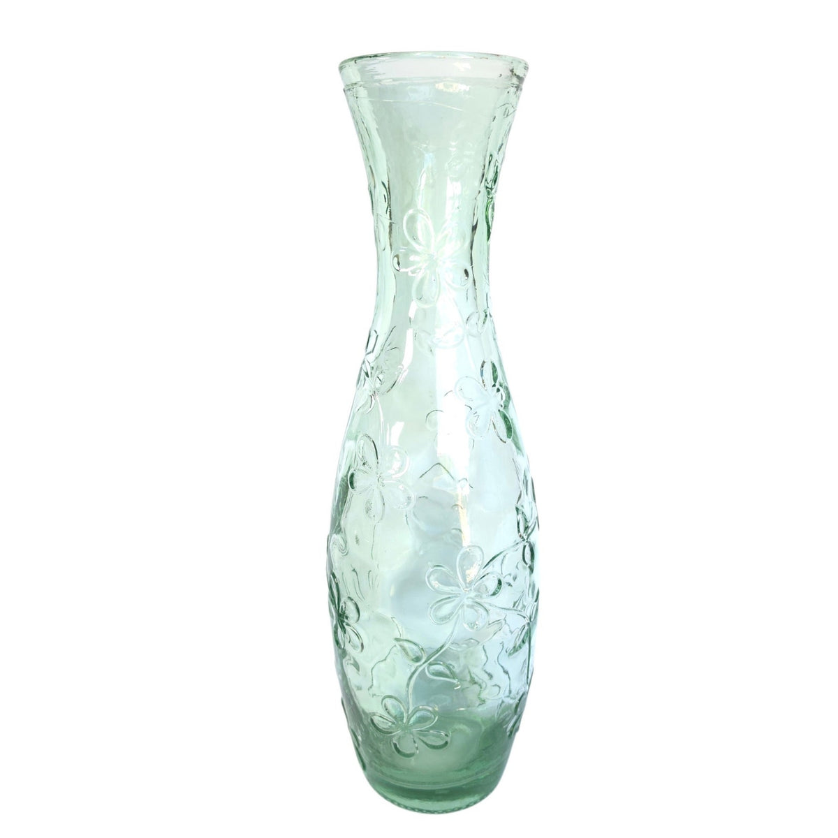 Vintage 1990s Green Recycled Glass Vase Embossed Floral Daisy 15.75" Tall