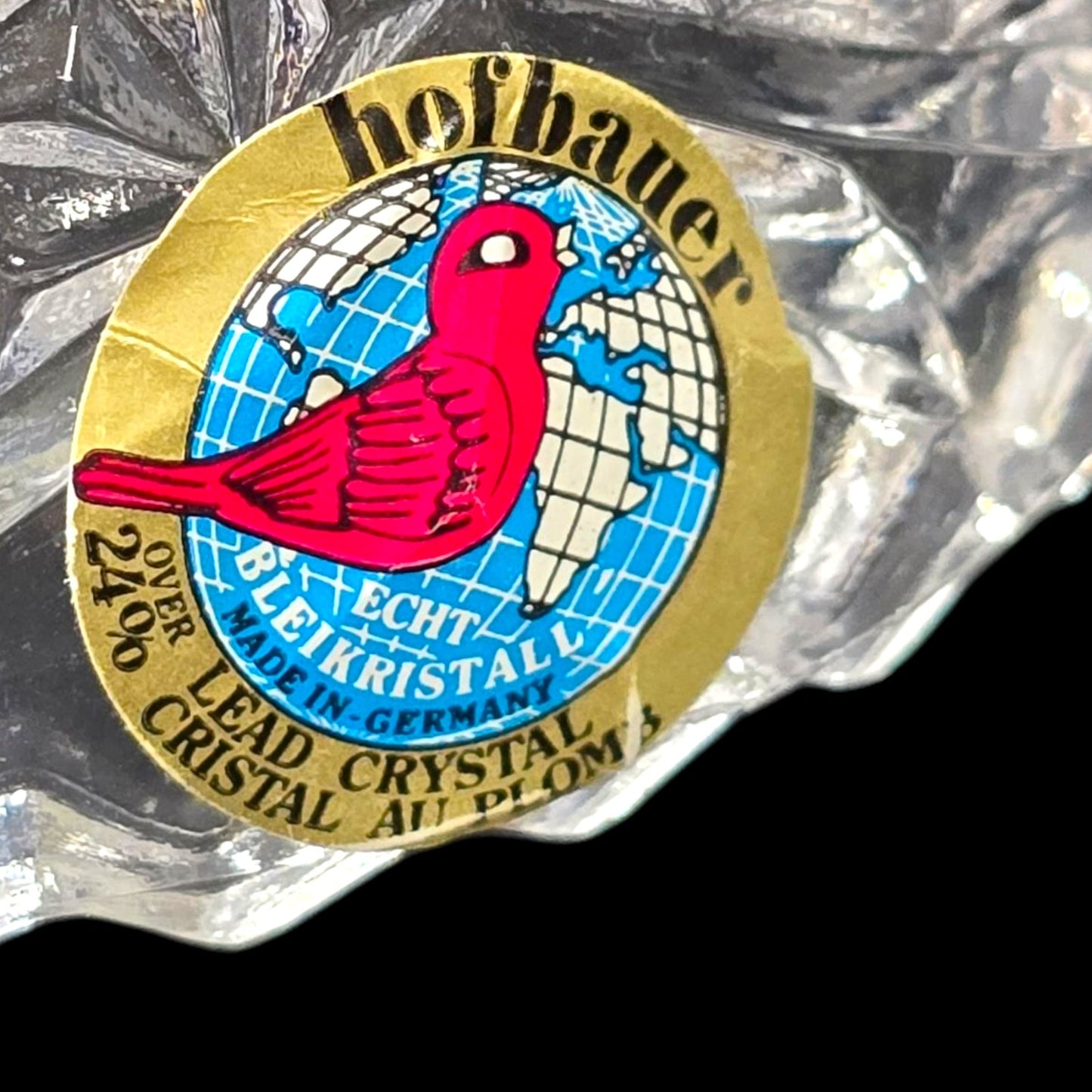 Vtg Hofbauer Byrdes Lead Crystal Bell Germany Red Bird Sticker, Etched Songbird