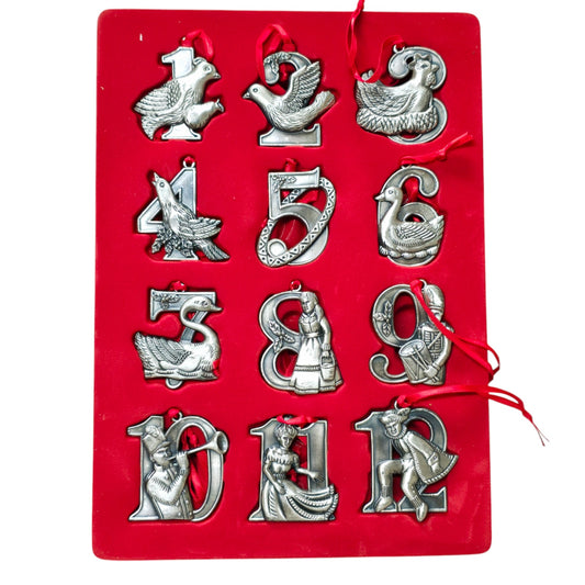 Vintage 12 Days of Christmas Pewter Ornaments, Home for the Holidays in Original Box