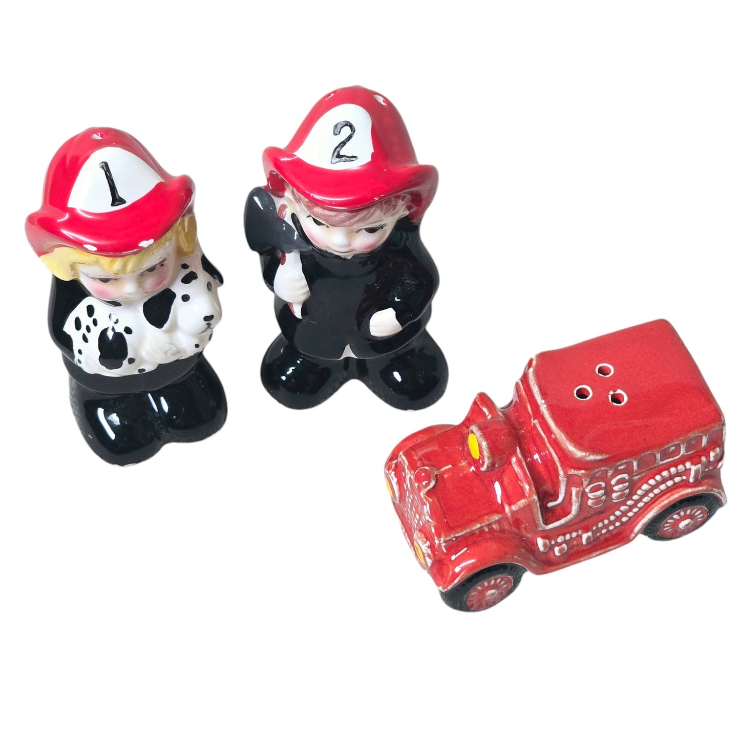 1980s Junior Fireman Children and Fire Engine Salt & Pepper 3-Pc Set Shakers