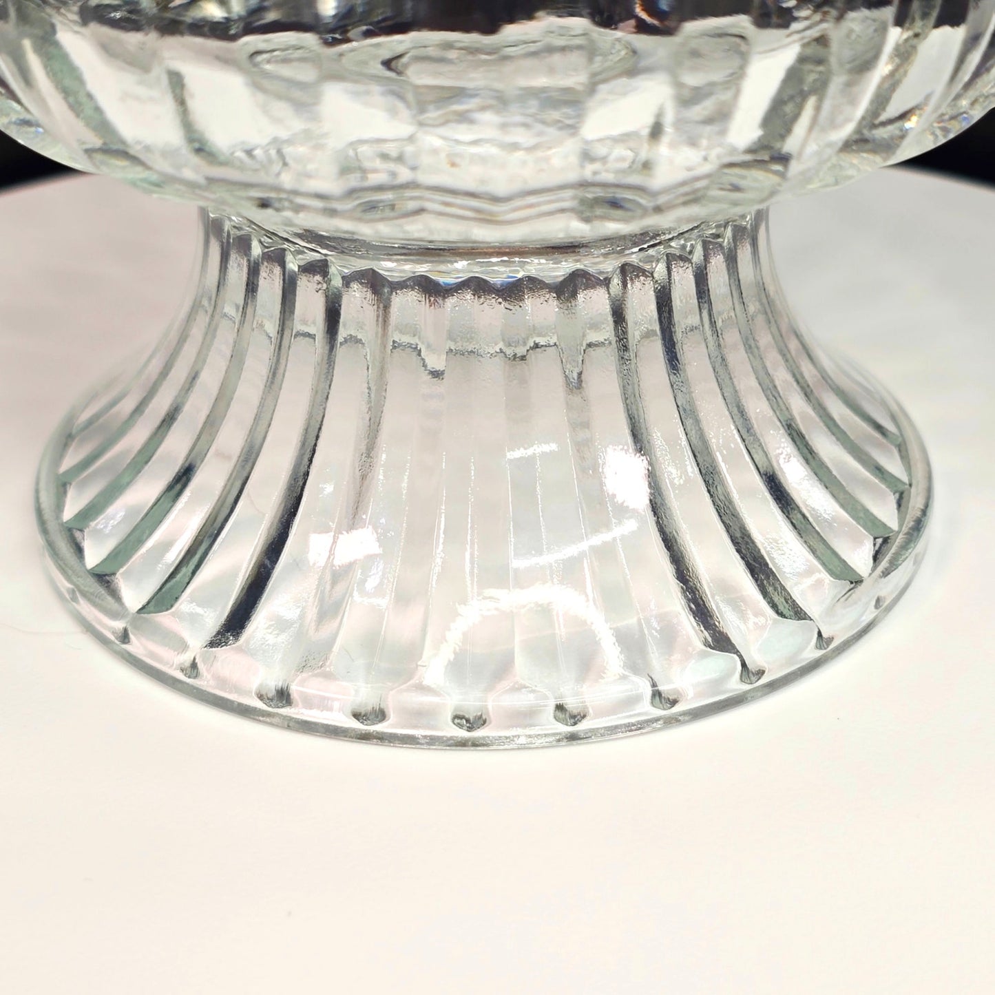 Vintage 1986 Pressed Glass Pedestal Bowl FTDA Diamond Cut & Ribbed Candy Dish