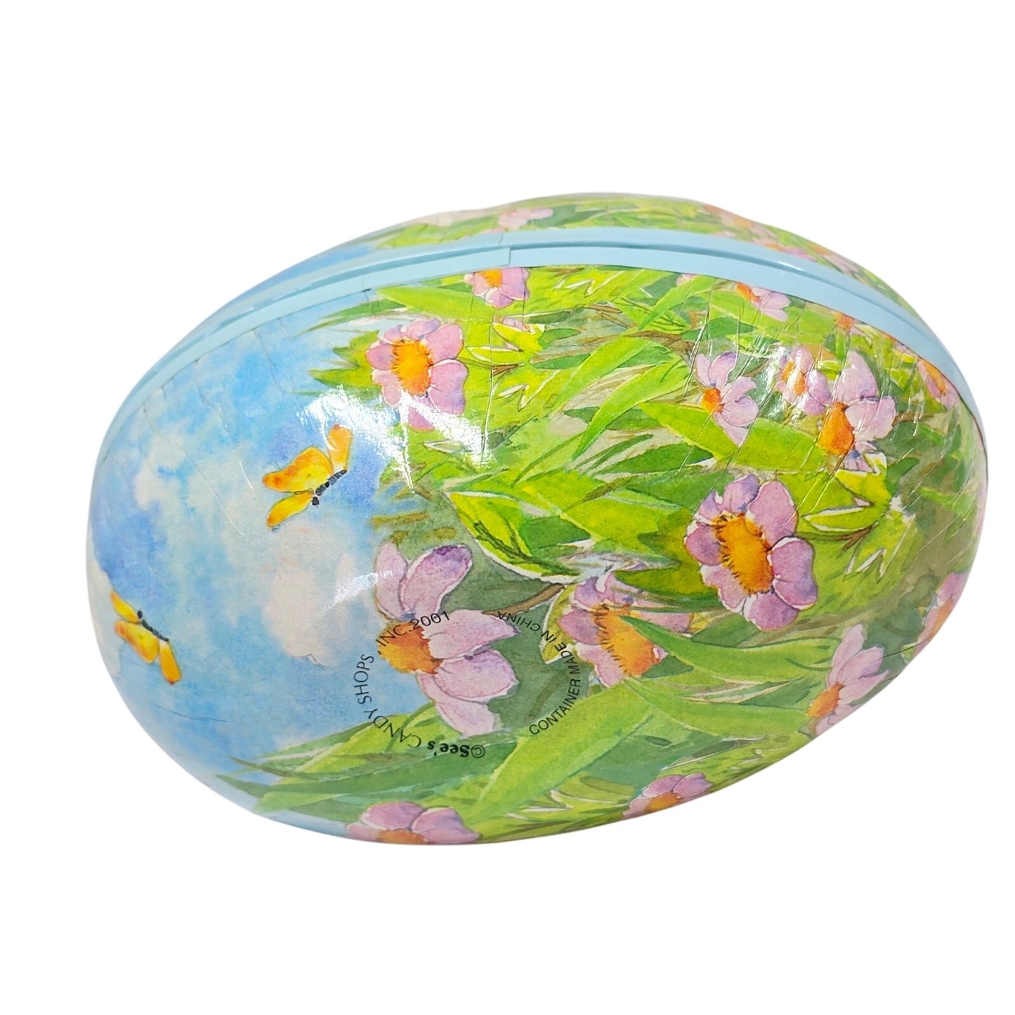 Large Paper Mache Novelty Easter Egg Candy Box with Bunnies, Flowers and Butterflies by See's Candy