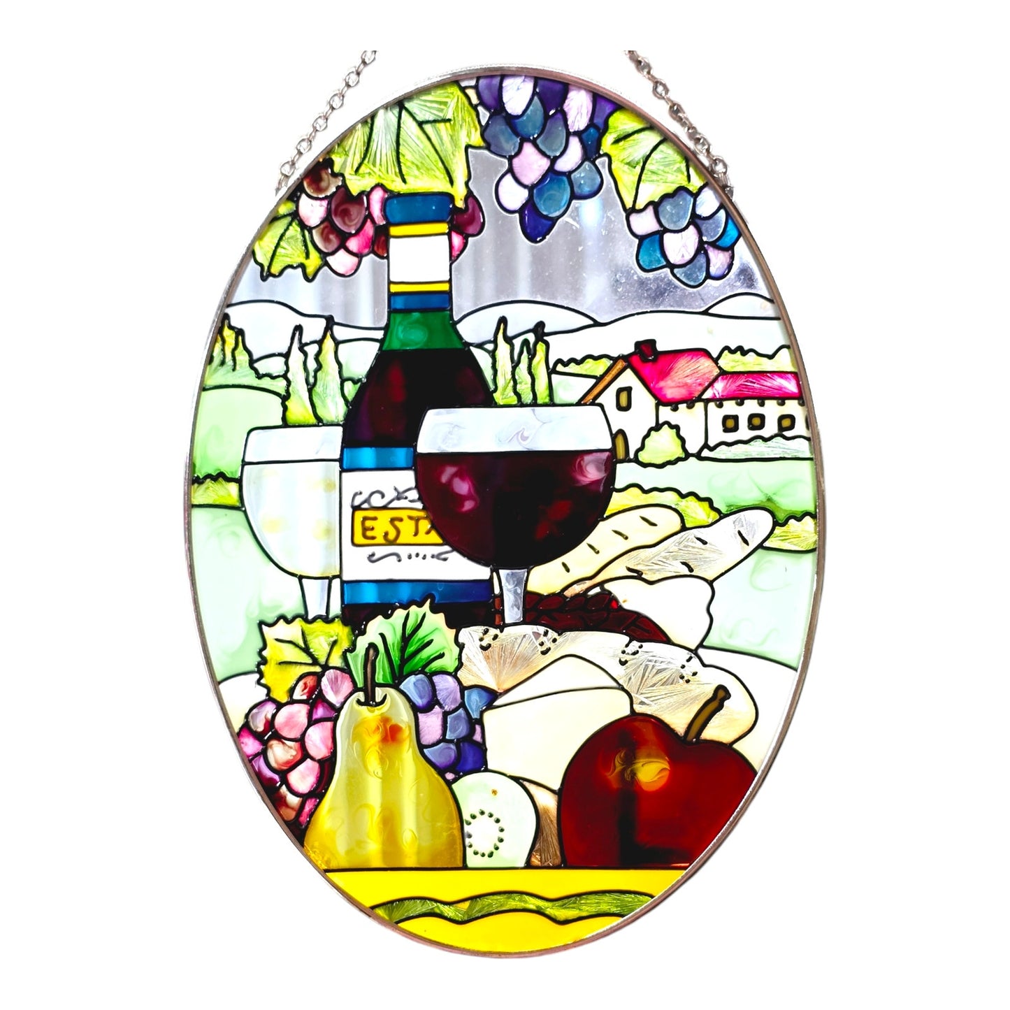 Hand-Painted Wine and Cheese Stain Glass Suncatcher 9" H x 6.5" W