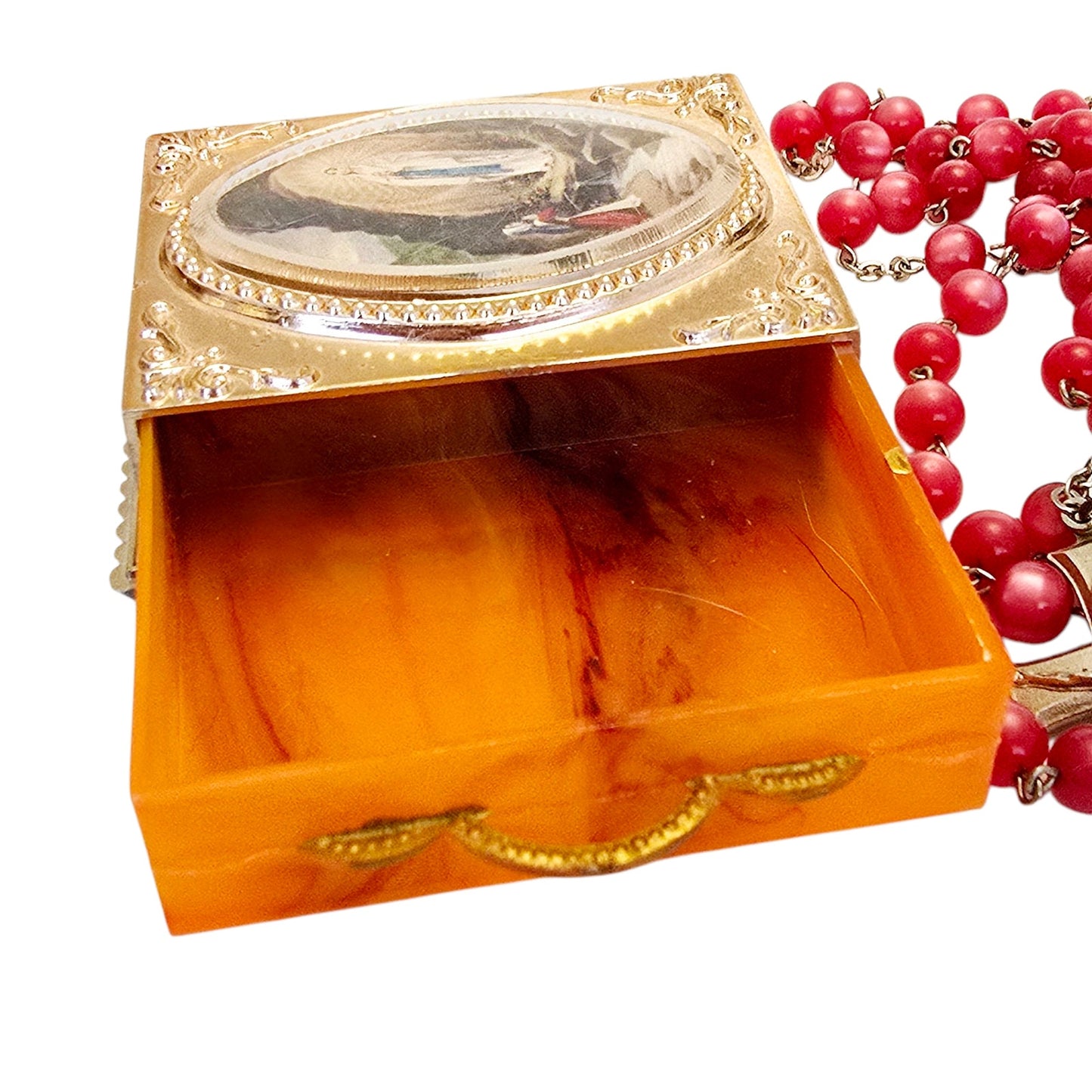 Vintage Notre Dame of Lourdes Plastic Rosary Box Drawer with Rosary