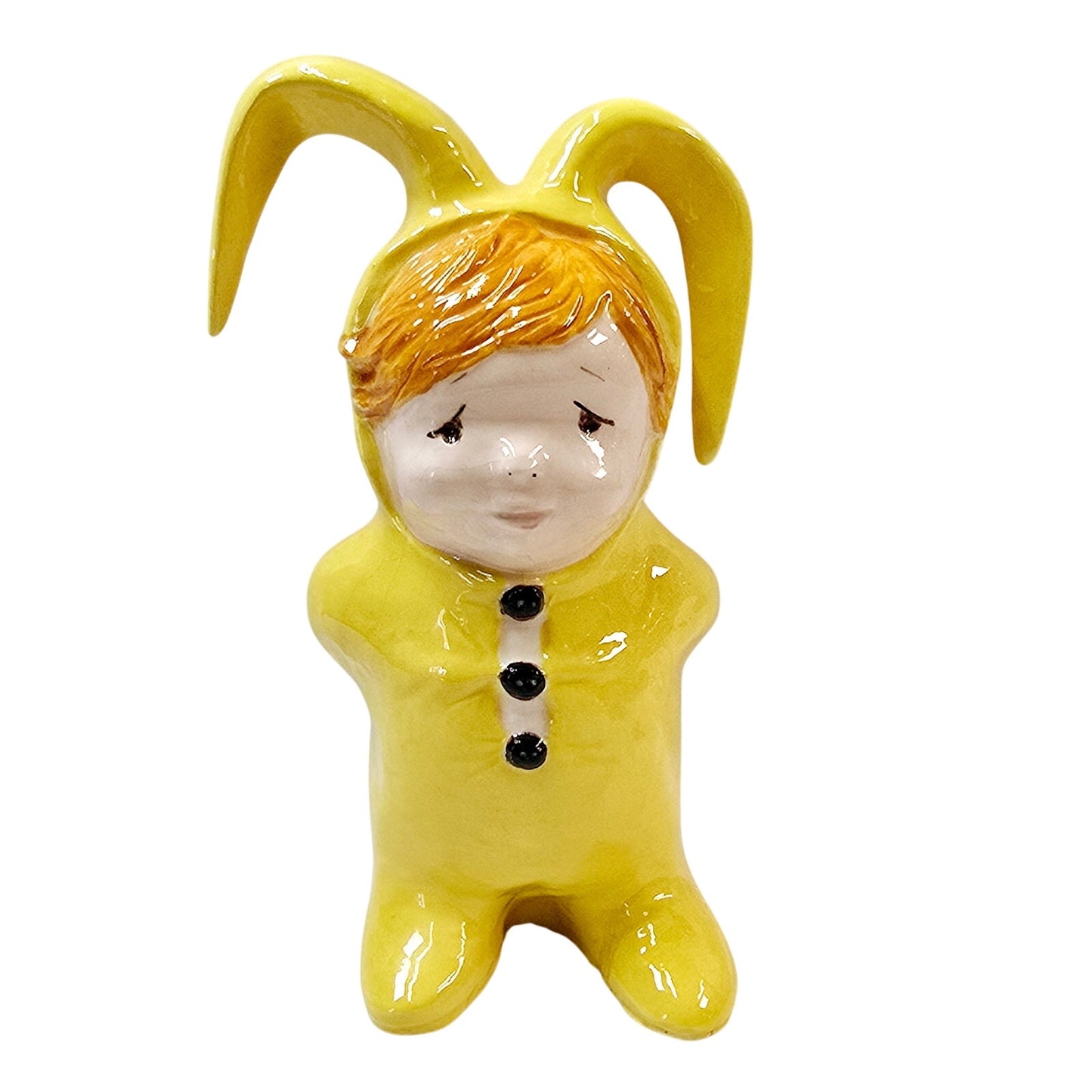 Vintage Ceramic Handpainted Sad Child in Easter Bunny Suit, Yellow Nightmare Costume Signed 1985