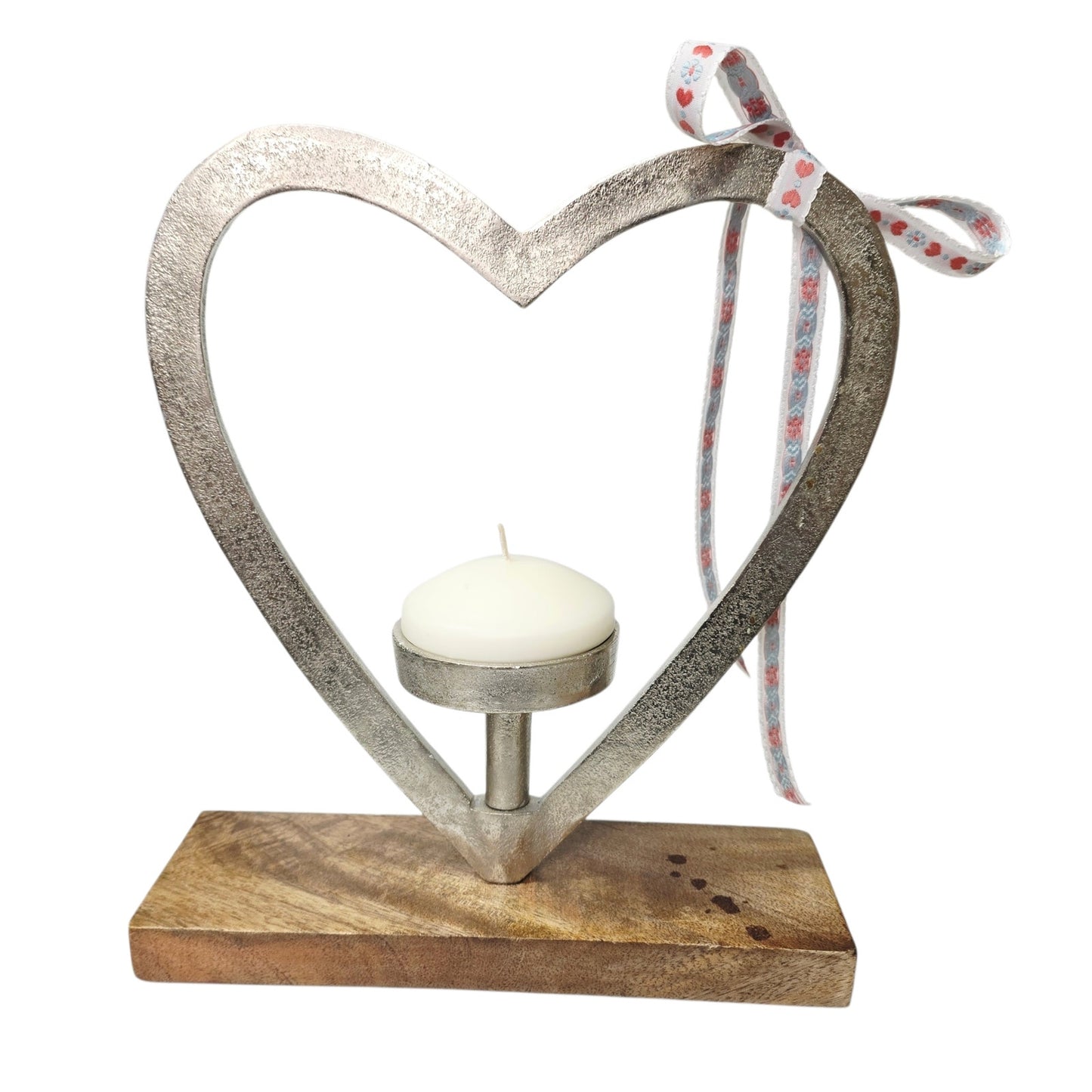 Heart-Shaped Candle Holder Silver-Finished Aluminum & Mango Wood India Valentine