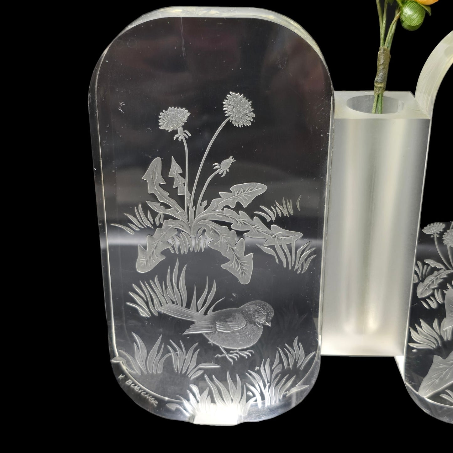 Double Panel Etched Lucite Bird and Dandelion Bud Vase Signed V. Buescher