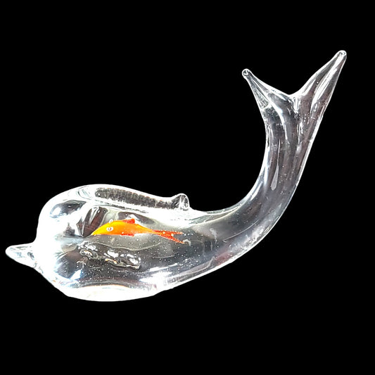 Handblown Clear Art Glass Dolphin with Orange Goldfish Inside