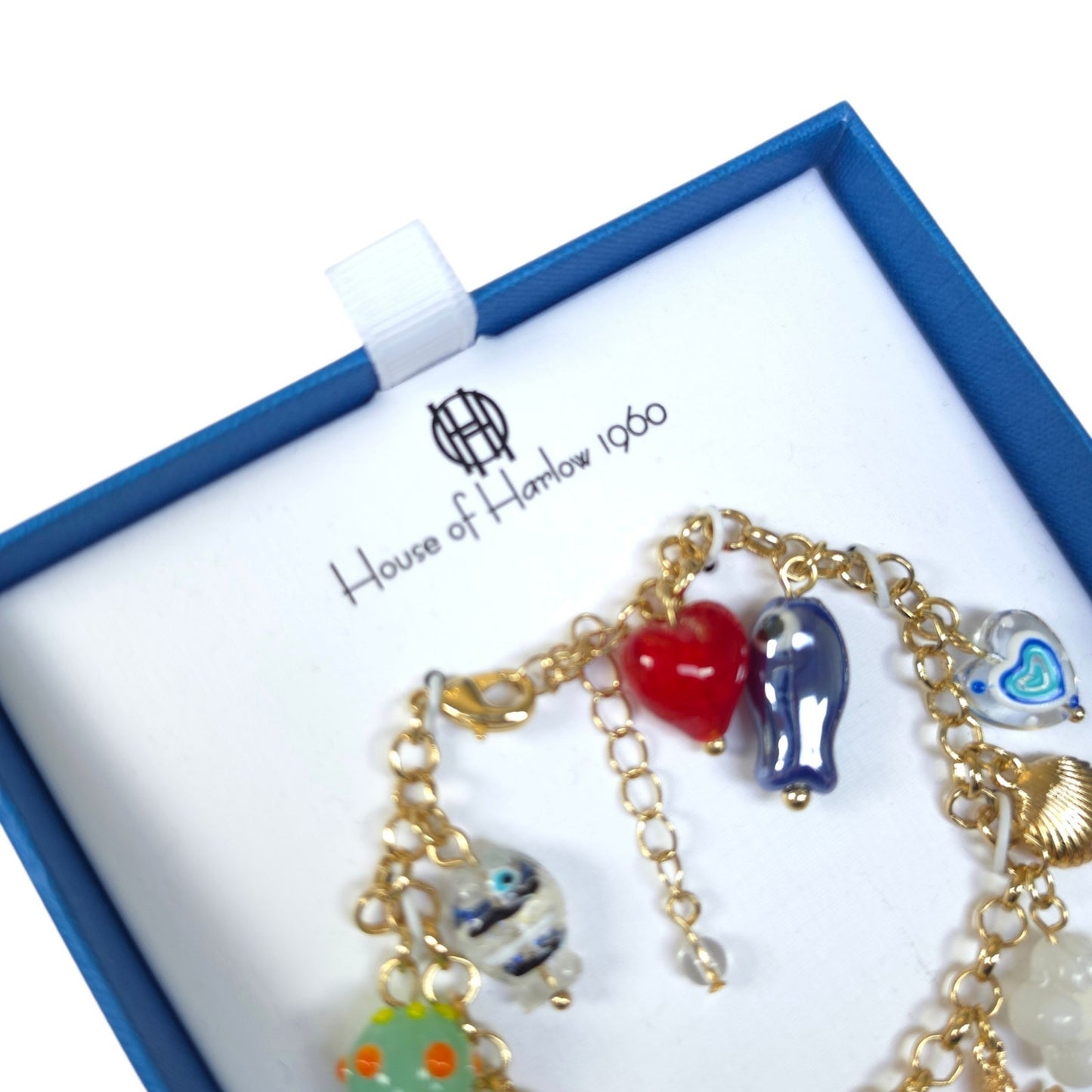House of Harlow 1960 Gold Tone Multi Charm Bracelet Glass Lead Safe Nickel Free