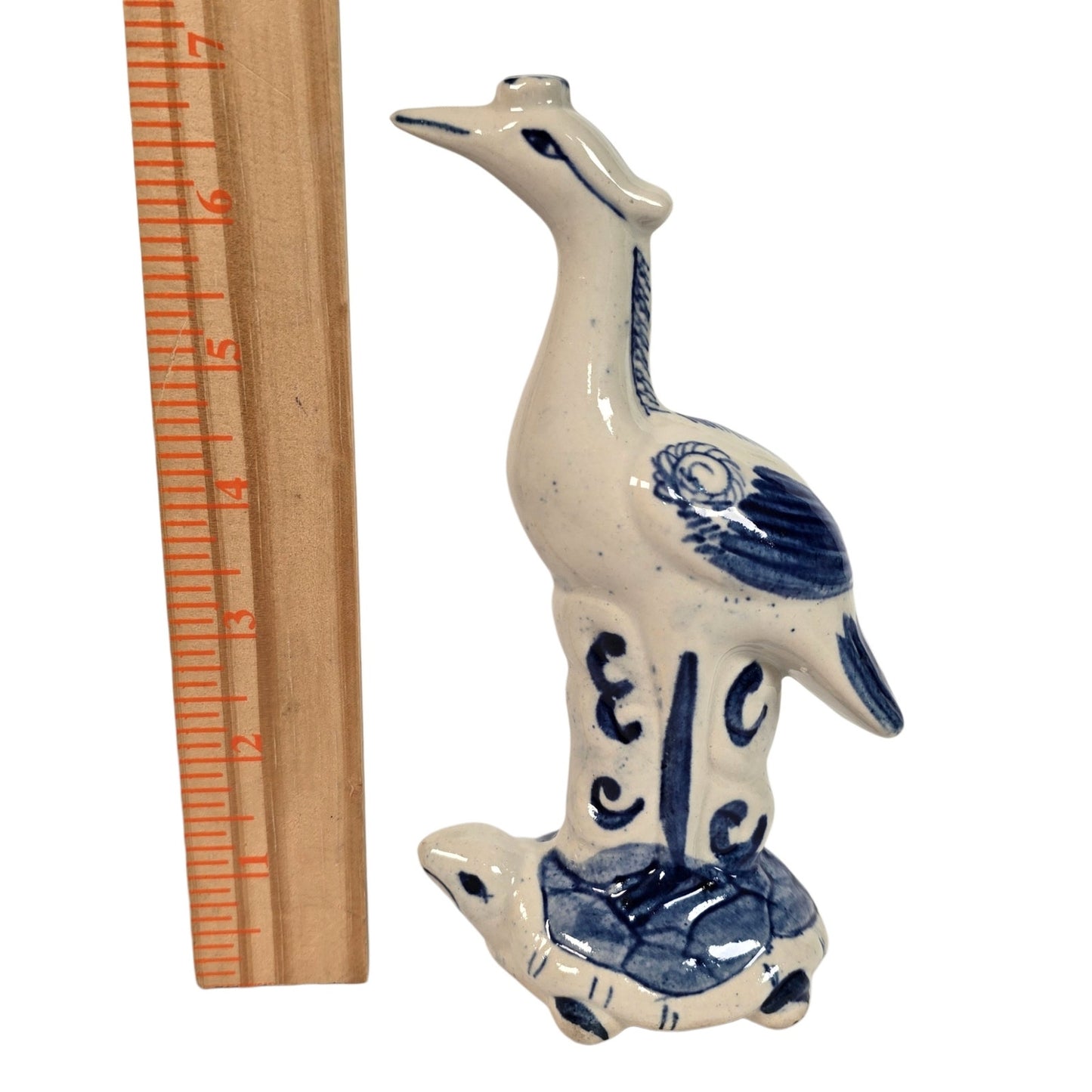 Vintage Blue & White Ceramic Crane on Turtle Figurine Asian Longevity Motif