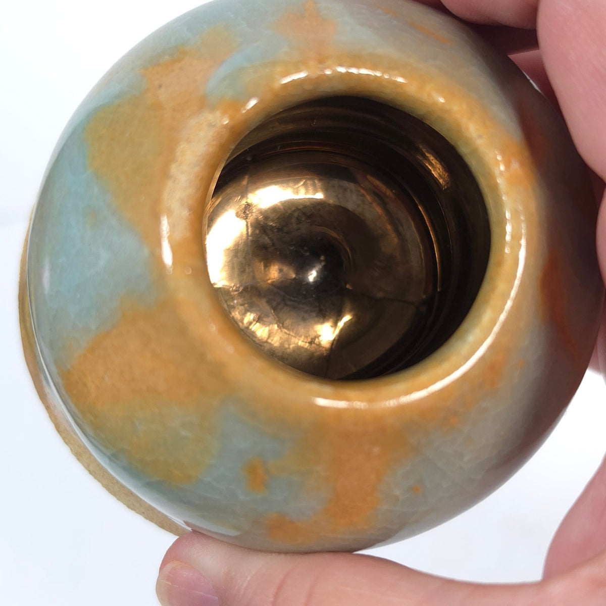 Handmade Student Pottery Mini Vase Blue Tan Copper Tone Interior Signed