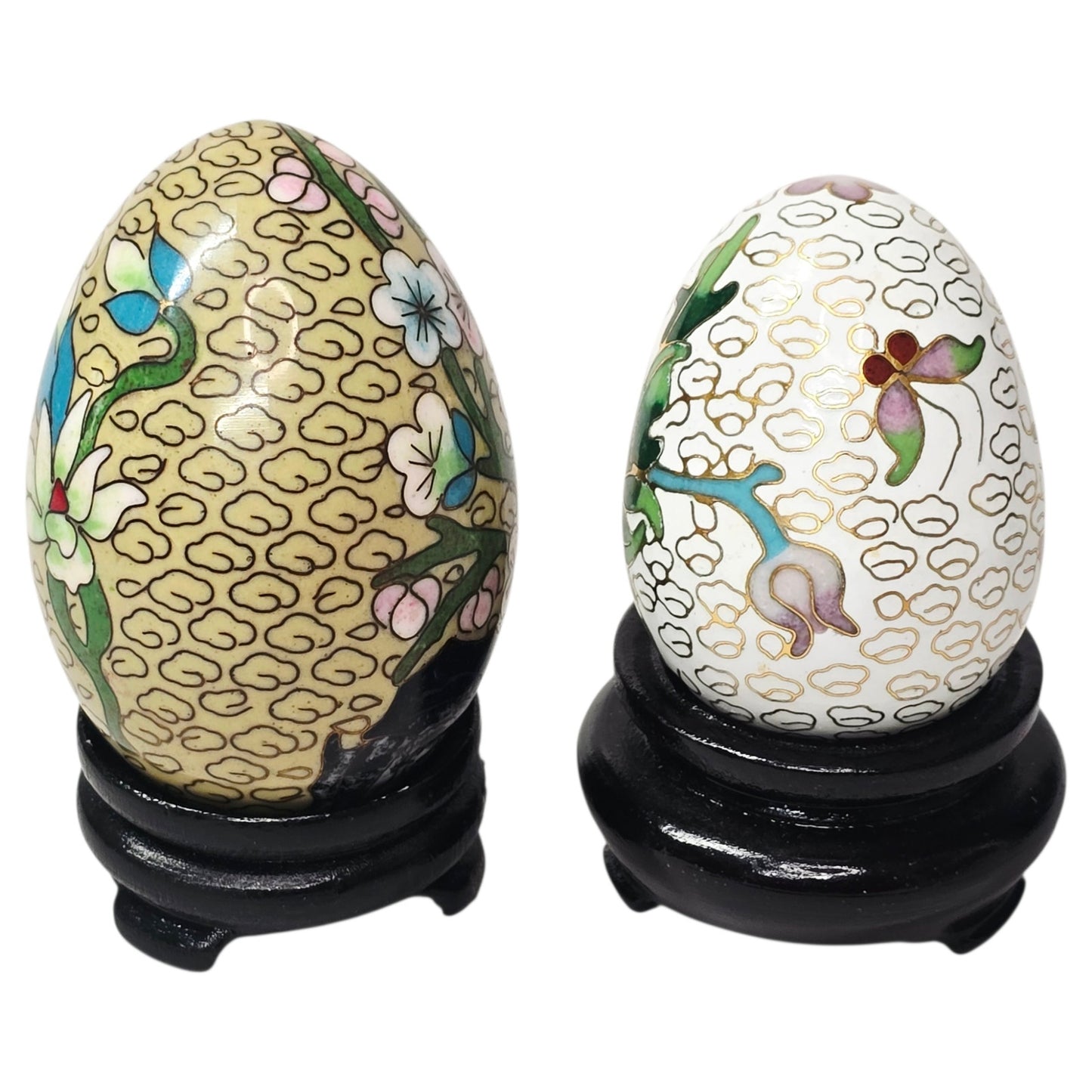 Vtg Chinese Cloisonné Enamel on Brass Eggs on Wooden Stands Set of 2 Floral Bird