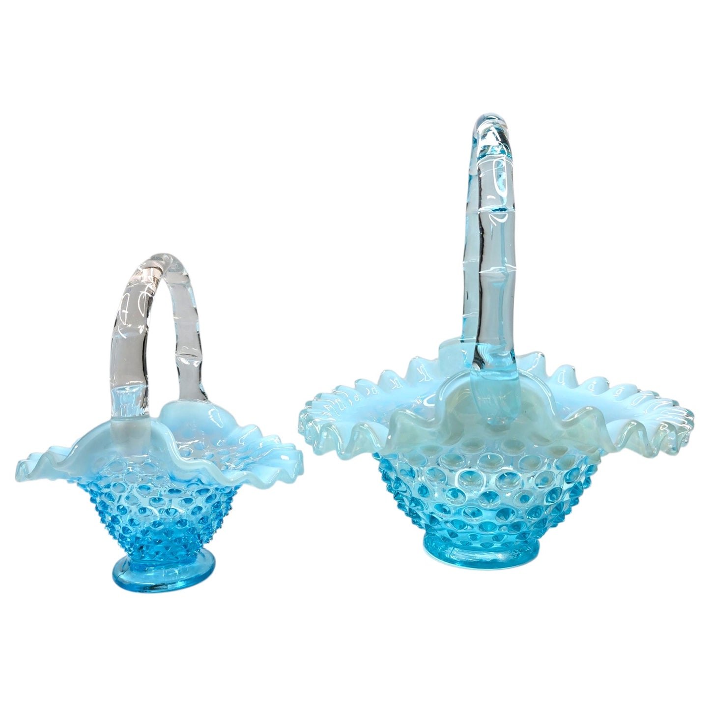 Fenton Blue Opalescent Hobnail Basket Set Uranium Reactive Ruffled Glass Pair