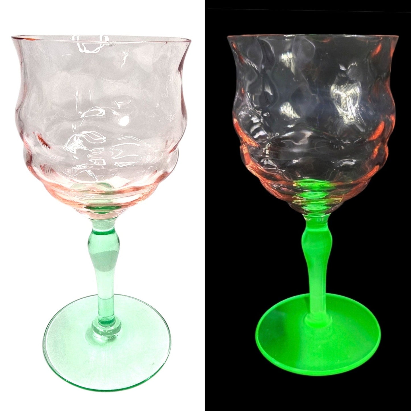 AS IS Tiffin Watermelon Uranium Glass Cocktail Coupe Champagne Glasses Set of 2