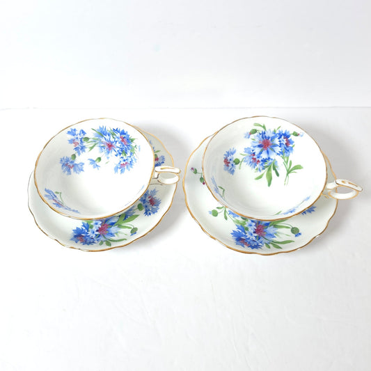 Vintage Hammersley Cornflower Blue 6034 Bone China 2 Teacups & Saucers England