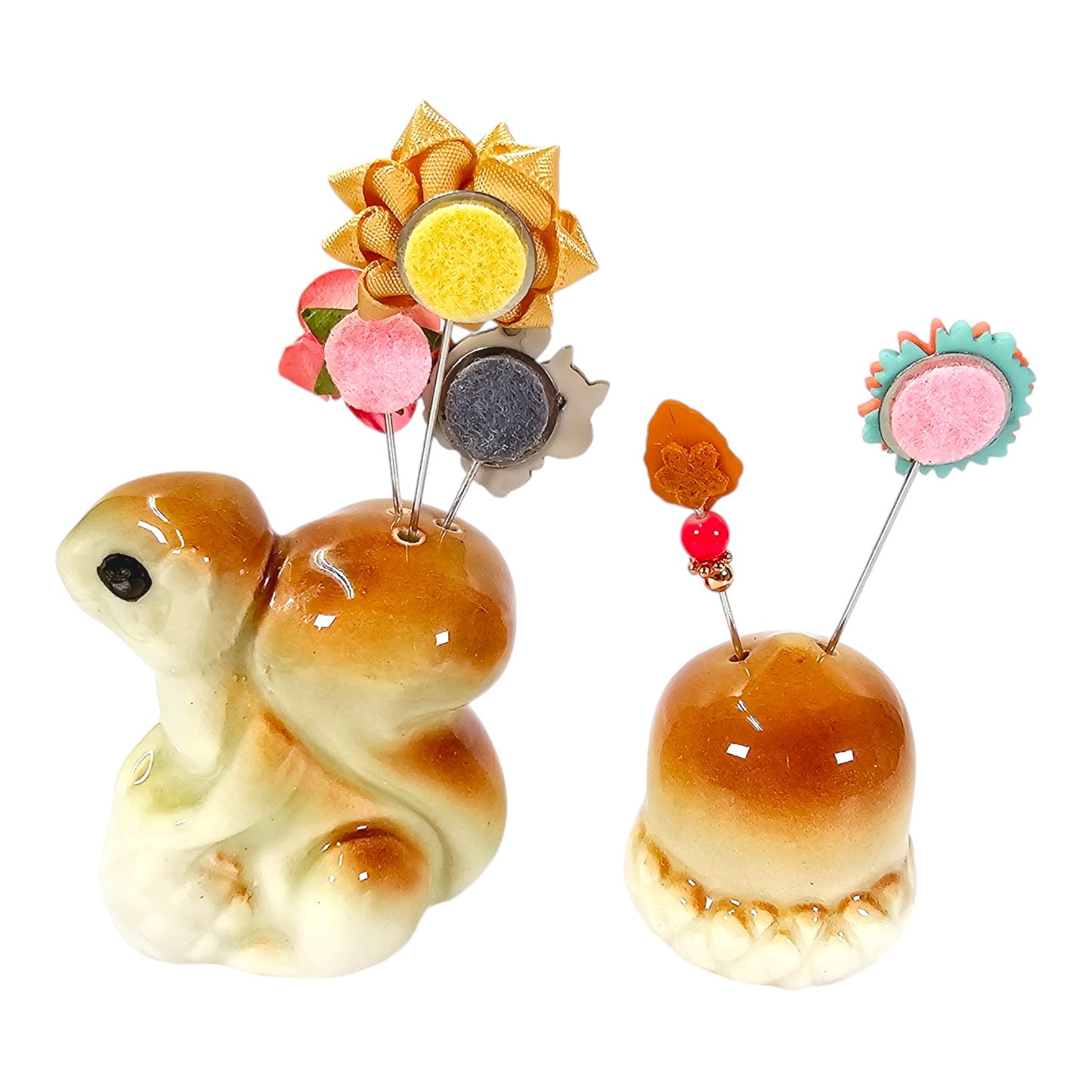 Vintage Squirrel Salt & Peppers Shaker Stick Pin Displays, 5 Handmade Stick Pins, 3.5" & 3.25" H with Pins