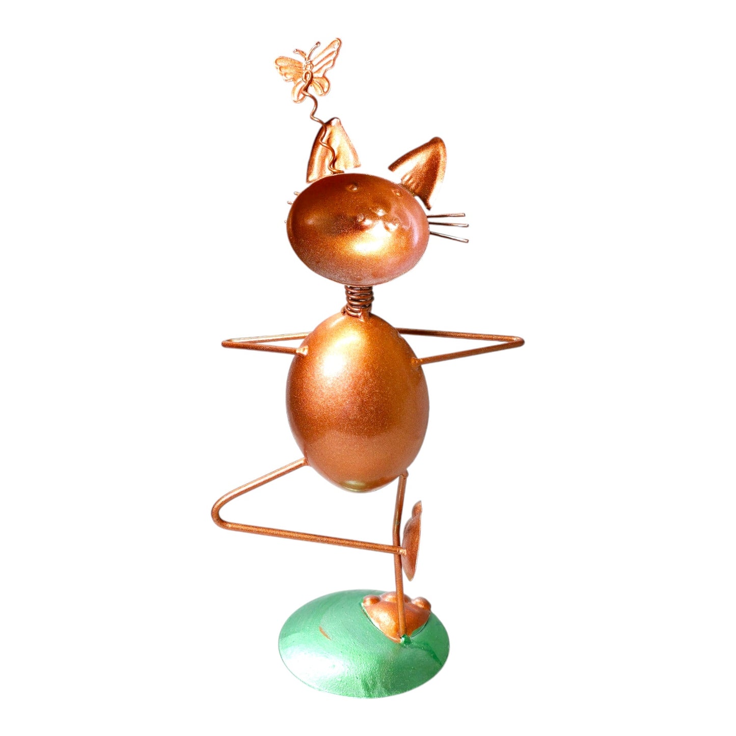 Metal Yoga Cat Sculpture, Orange Painted Metal Yoga Cat in Tree Pose with Butterfly