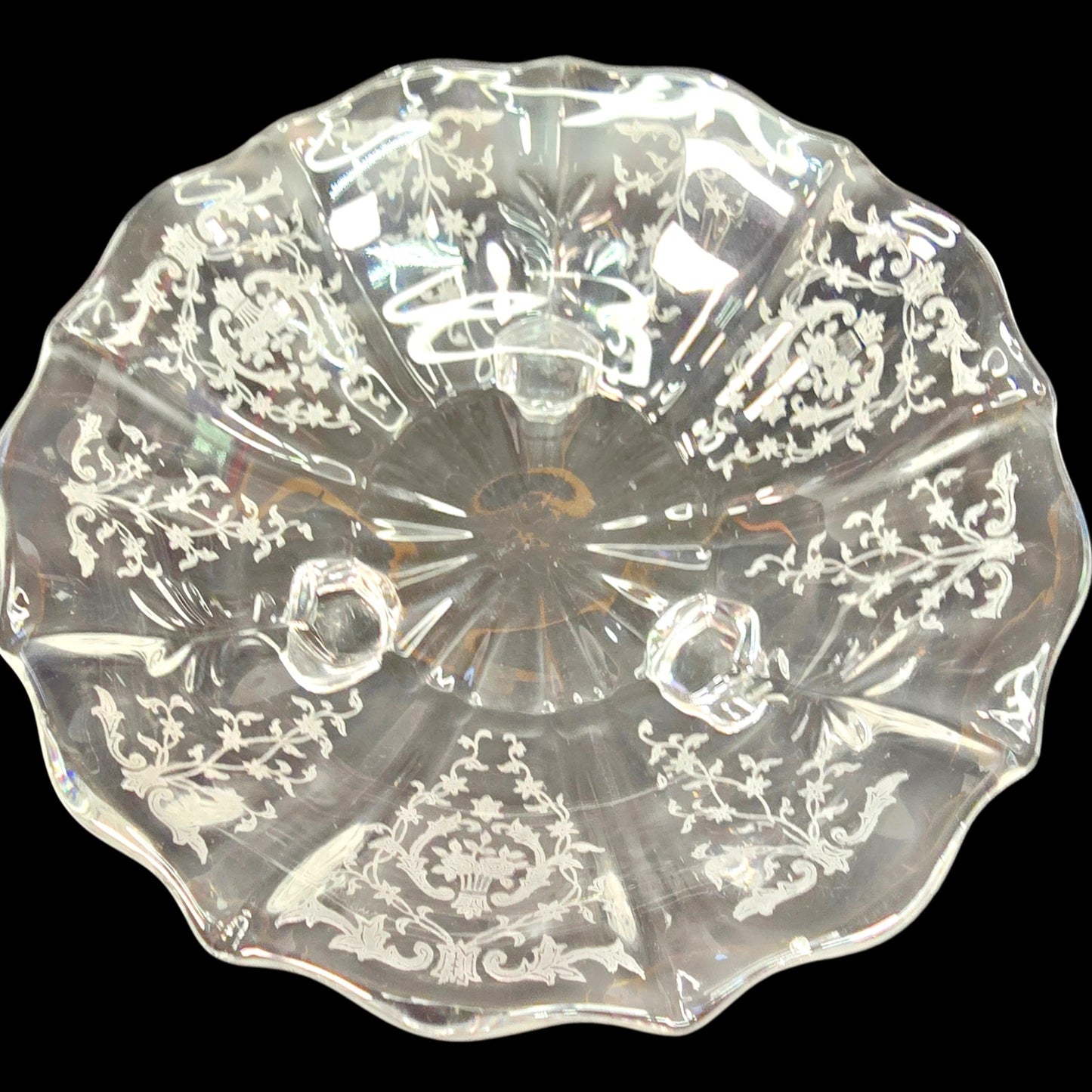 Vintage Fostoria Navarre Etched Clear Glass 3-Toed Scalloped Bon Bon Bowl 7"