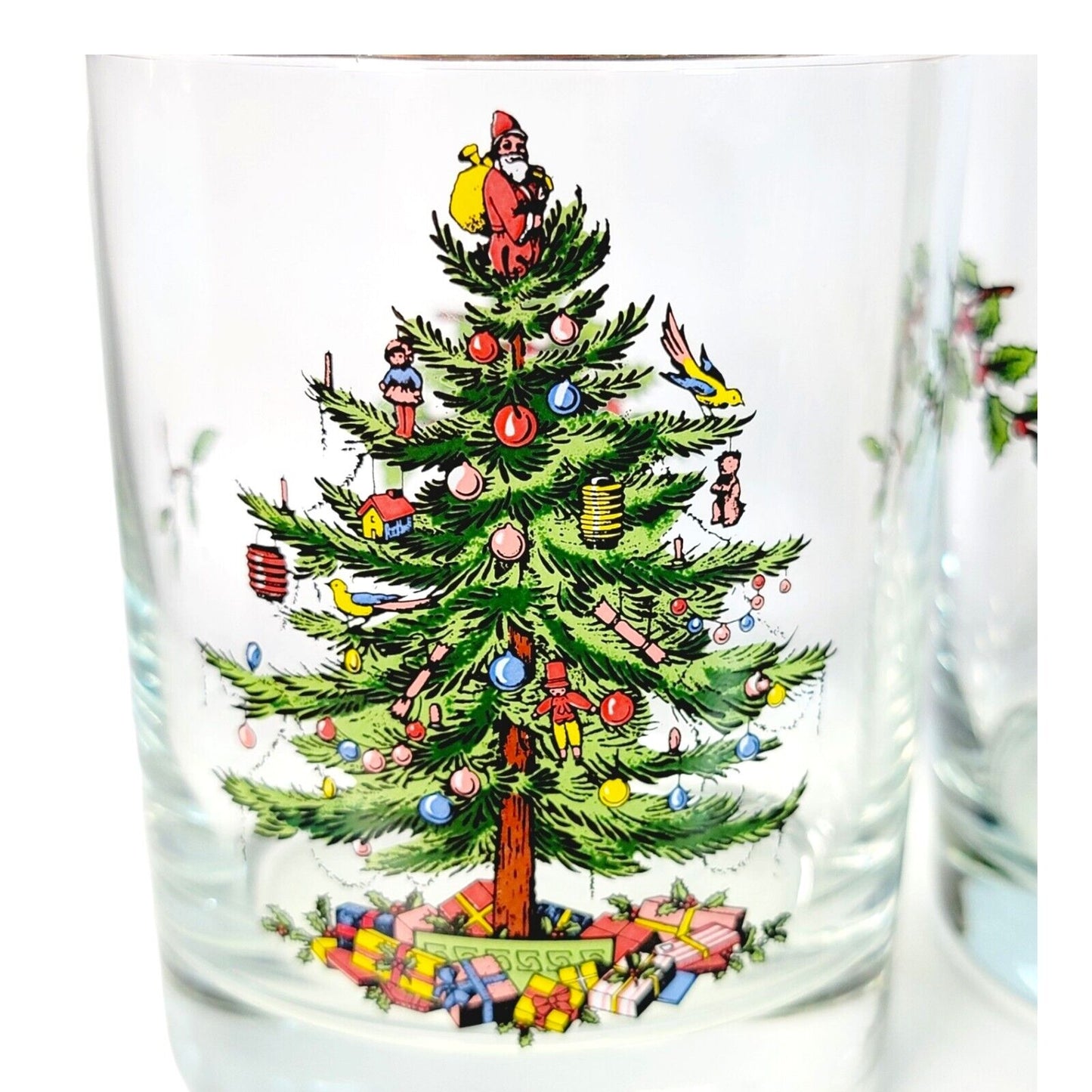 Set of 2 Spode Christmas Tree Double Old Fashioned Gold Rimmed Glasses 4"