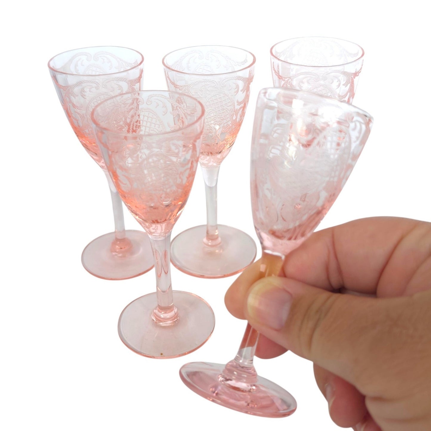Rare 1929 Cambridge Glass Etched Pink Cordials Etch 740 Stem 3050 Set of 5