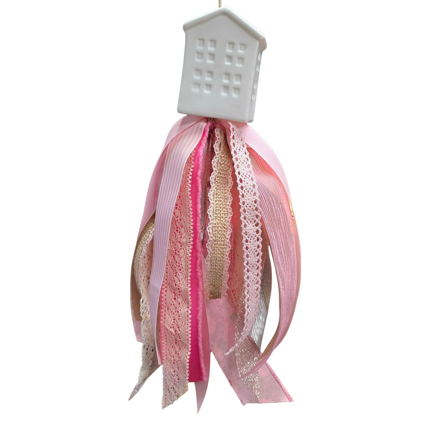 Ceramic House Tassel | Handmade Upcycled Salt Shaker Hanging Ribbon Decor