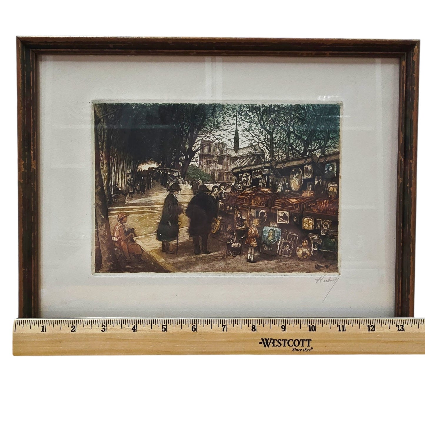 Signed Huberly Paris Scene HandColored Etching Marchands de gravures Notre Dame