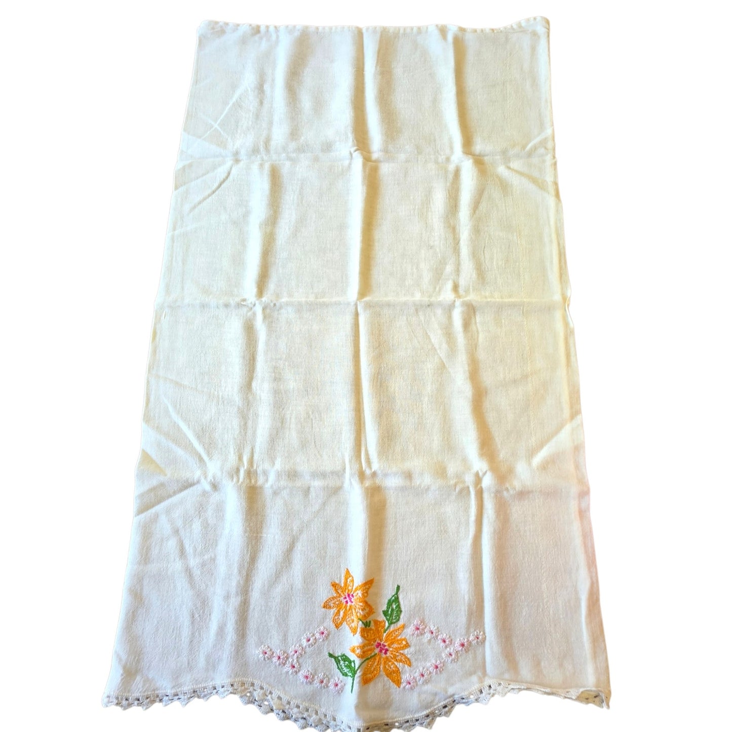 Vintage Embroidered Marigold Daisy Floral Pillowcase Crochet Lace