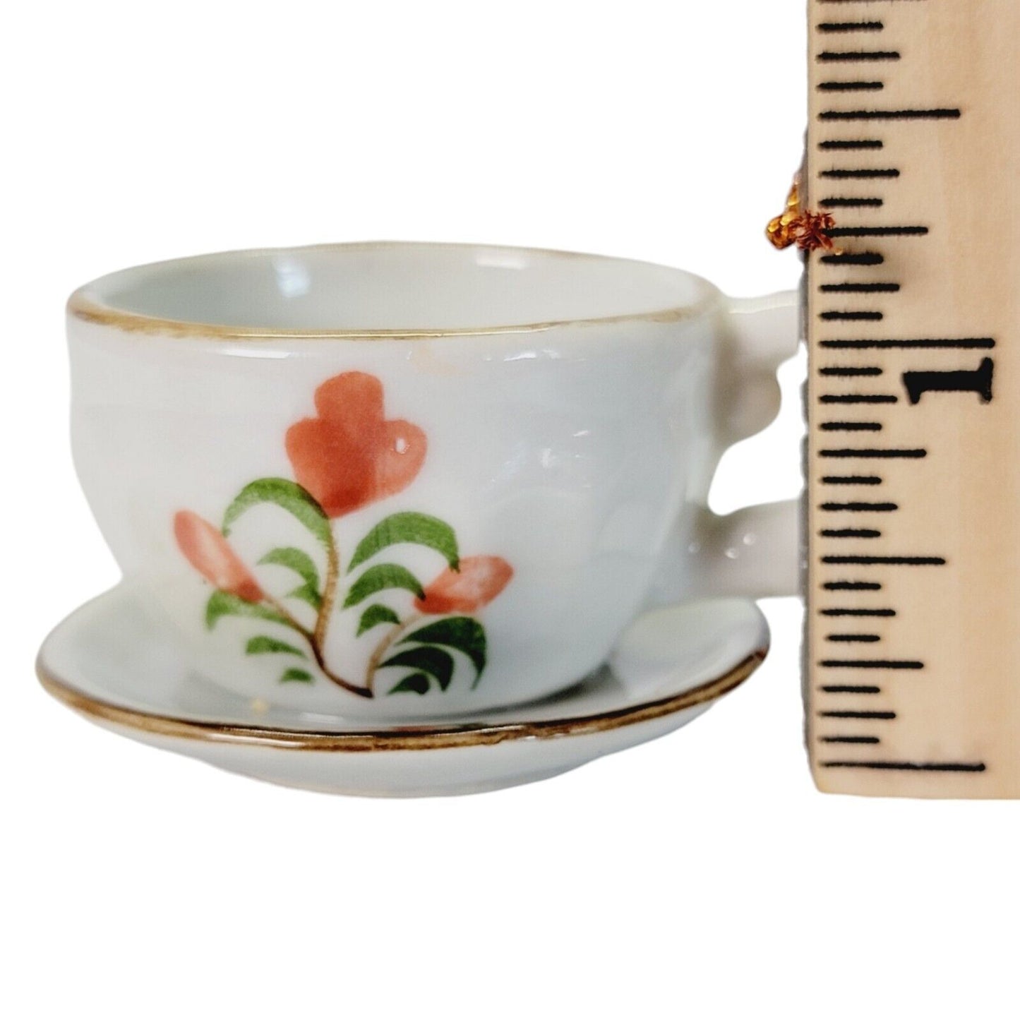 Vintage Miniature Porcelain Teacup And Saucer Floral Gold Trim 1" H