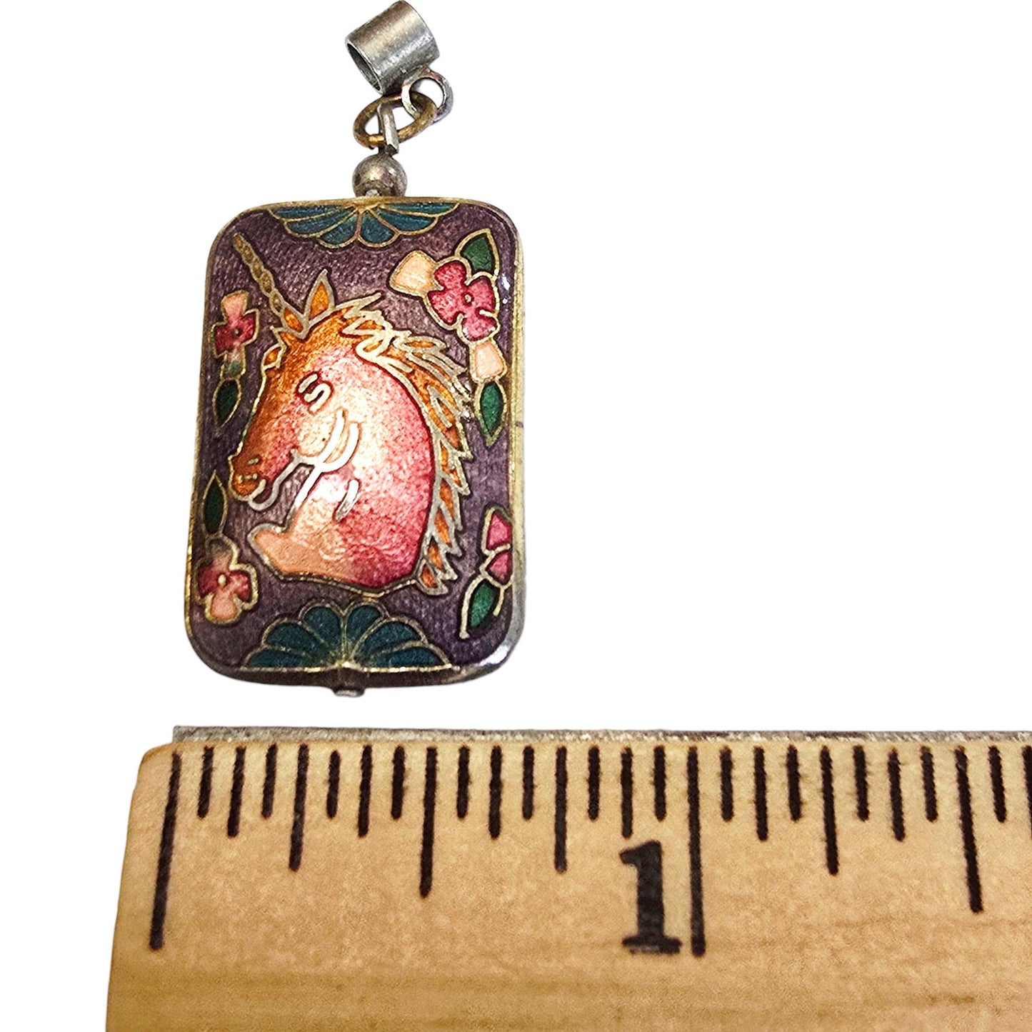 * Vtg Cloissone Unicorn Pendant Double Sided Puffy Gold Pink Purple Blue Green