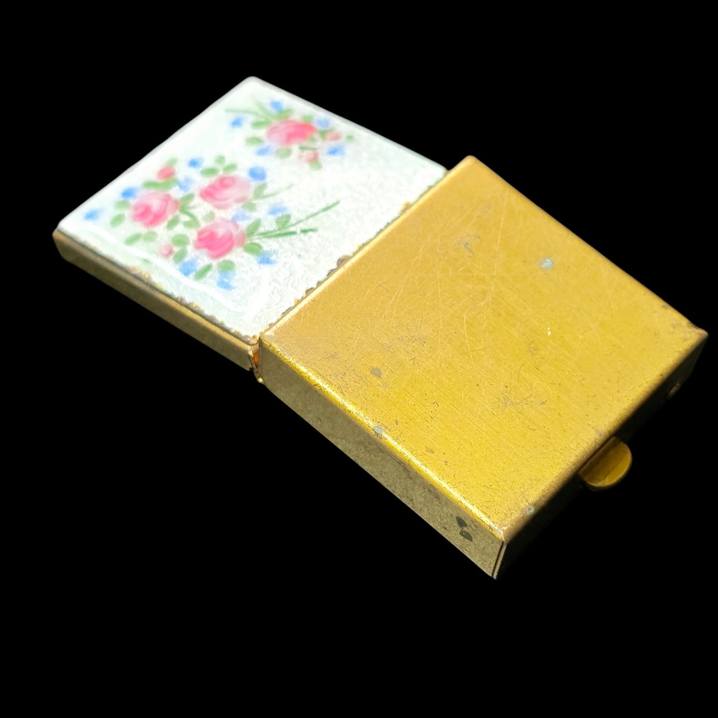 Vintage Pill Box Hand Painted Enamel over Brass with Guilloche Pattern