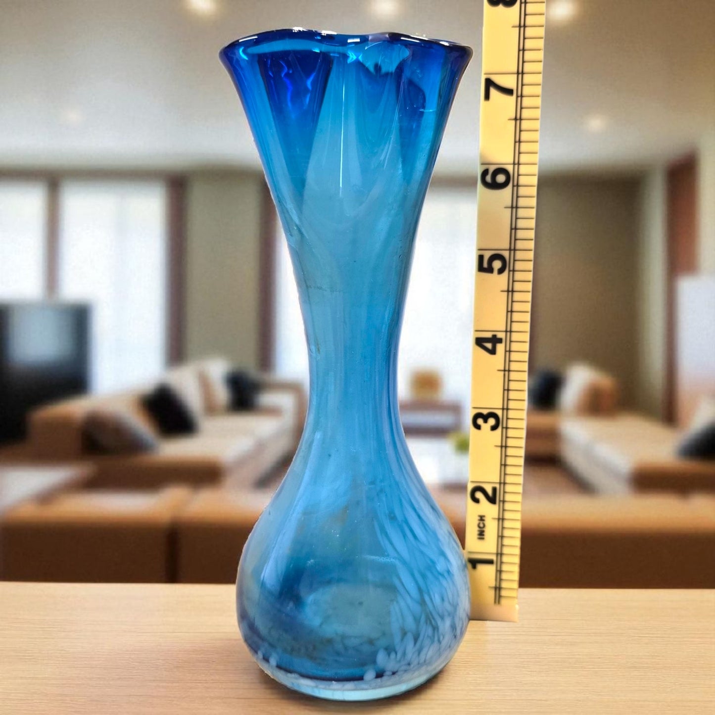 Vintage Blue Hand Blown Art Glass Vase 7" Tall Ruffled Rim Swirl Pattern