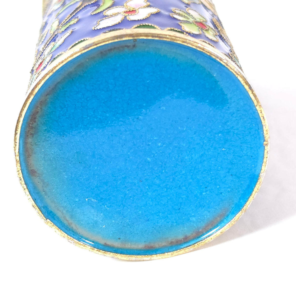 Cloisonne Enamel Pencil Brush Holder Blue Floral Butterfly Tumbler 4.25"