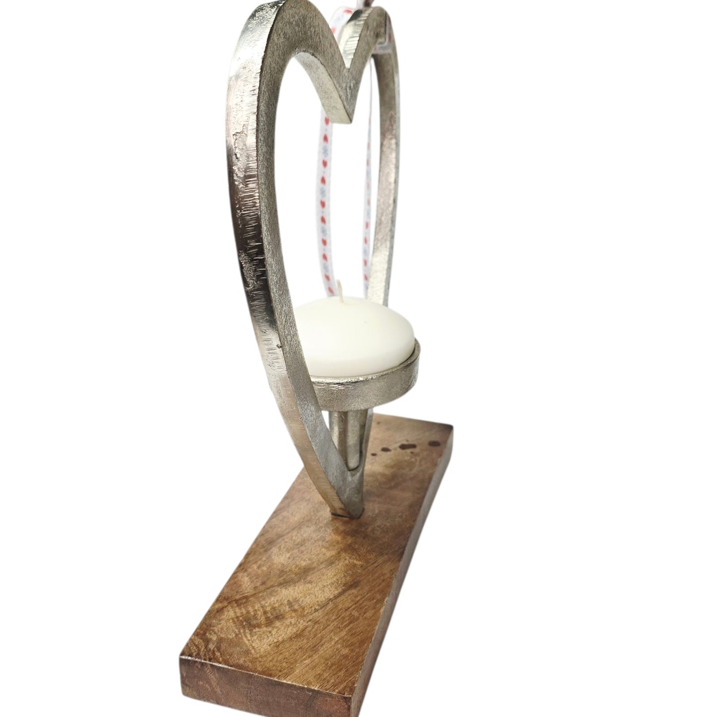 Heart-Shaped Candle Holder Silver-Finished Aluminum & Mango Wood India Valentine