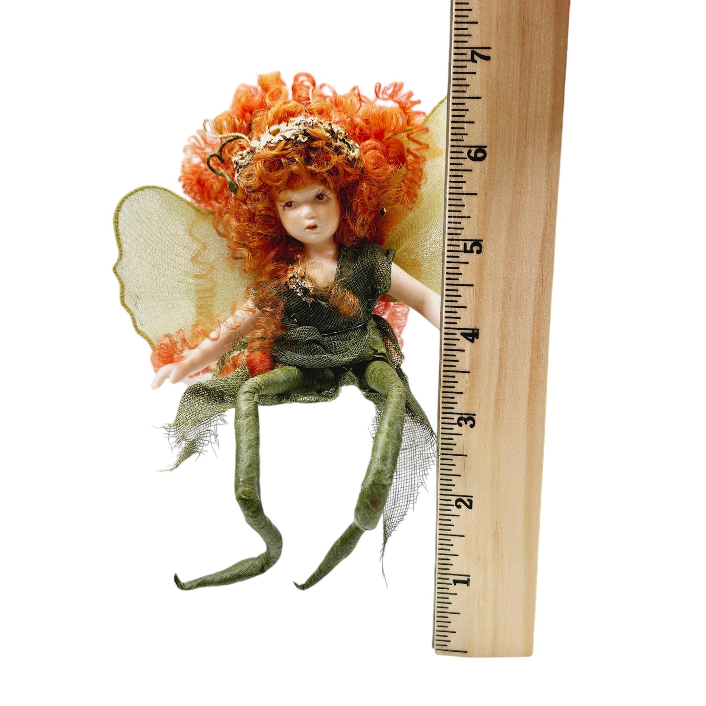 Vintage Porcelain Fairy Shelf Sitter, Green Fairy with Red Hair, 4" H