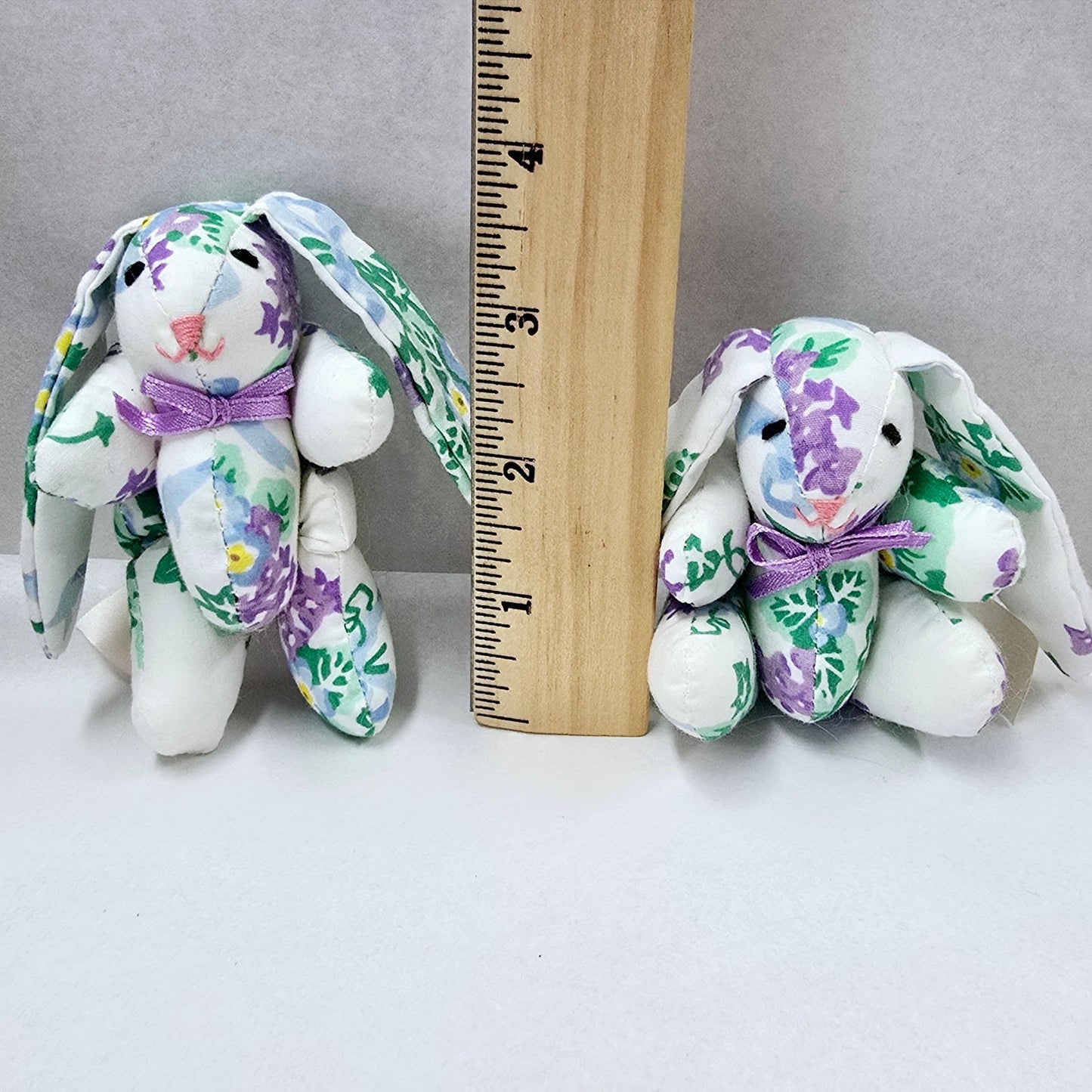 Set of 2 Vintage Posable Moveable Fabric Bunnies in a Small Wicker Bunny Basket