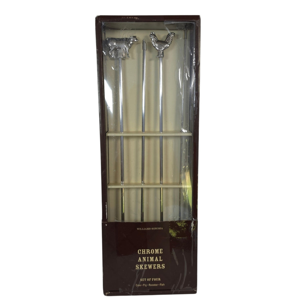 Williams-Sonoma Chrome Animal Skewers Set of 4 Cow Pig Rooster Fish NIB