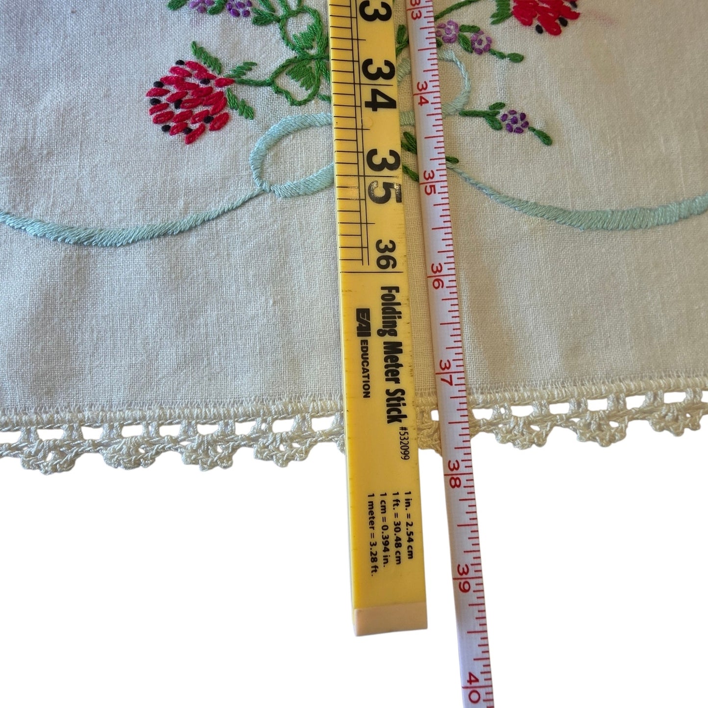 Vintage Berry Blossom Embroidered Linen Table Runner Dresser Scarf Crochet Lace