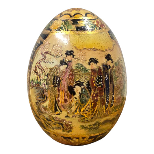 Vtg Satsuma Egg Figurine Hand Painted Geisha Floral Gilt Japan Ceramic