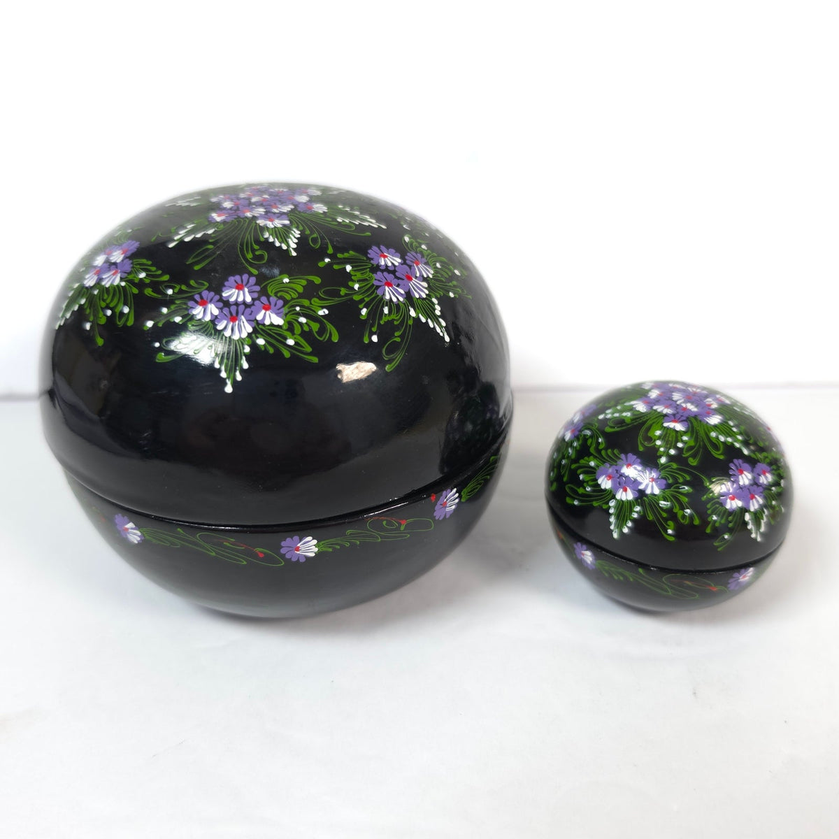 Hand Painted Black Floral Nesting Trinket Boxes Set of 2 Purple Flowers