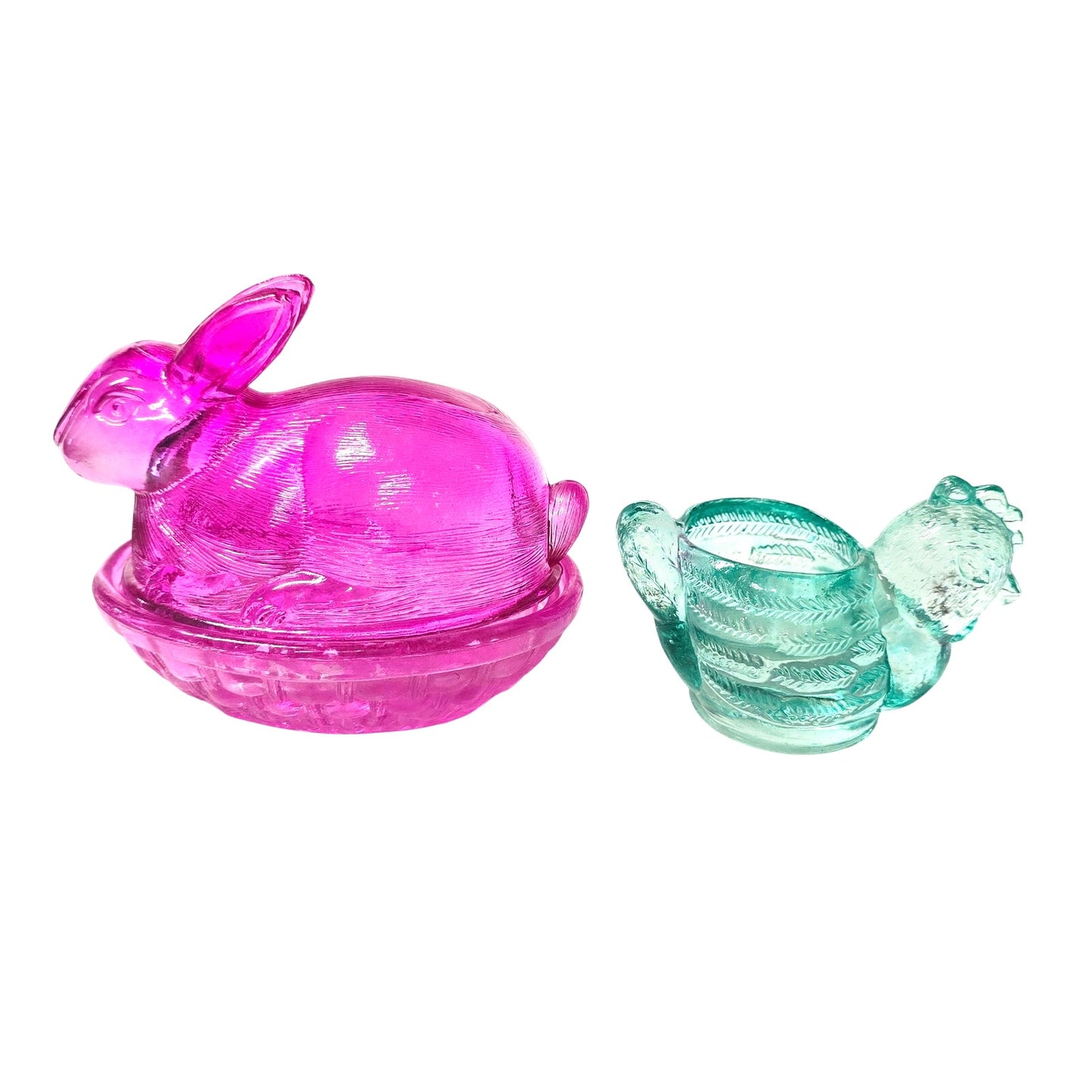 Fuchsia Pink Glass Bunny on Nest & Turquoise Blue Chicken Tealight Egg Holder