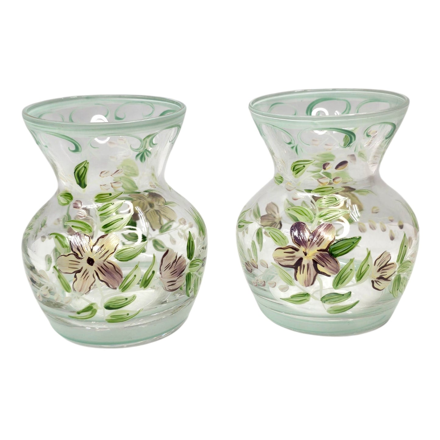 Vtg Hand Painted Floral Glass Vases Lot of 2 Clear Green Trim Small Bud
