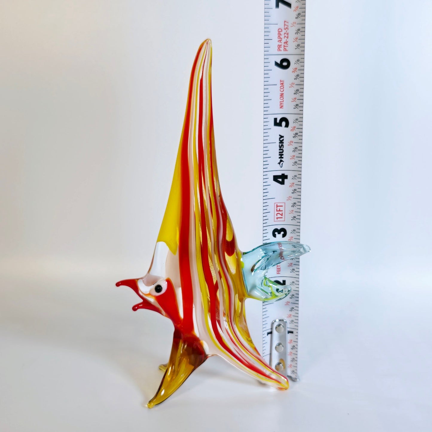 Handblown Red and Yellow Striped Art Glass Angel Fish, Stretch Glass Fish