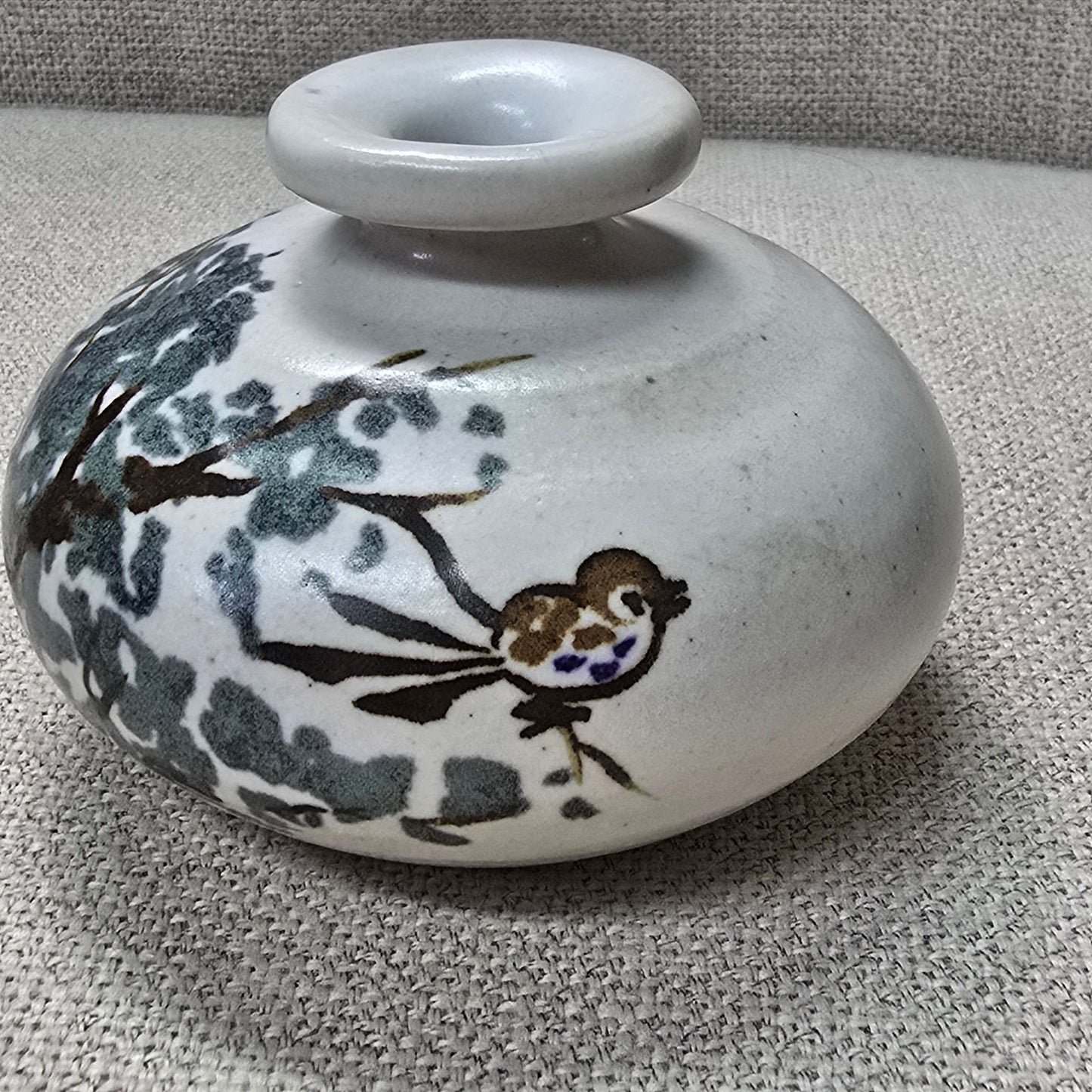 Vintage Signed Art Pottery Stoneware Vase Tree with Bird