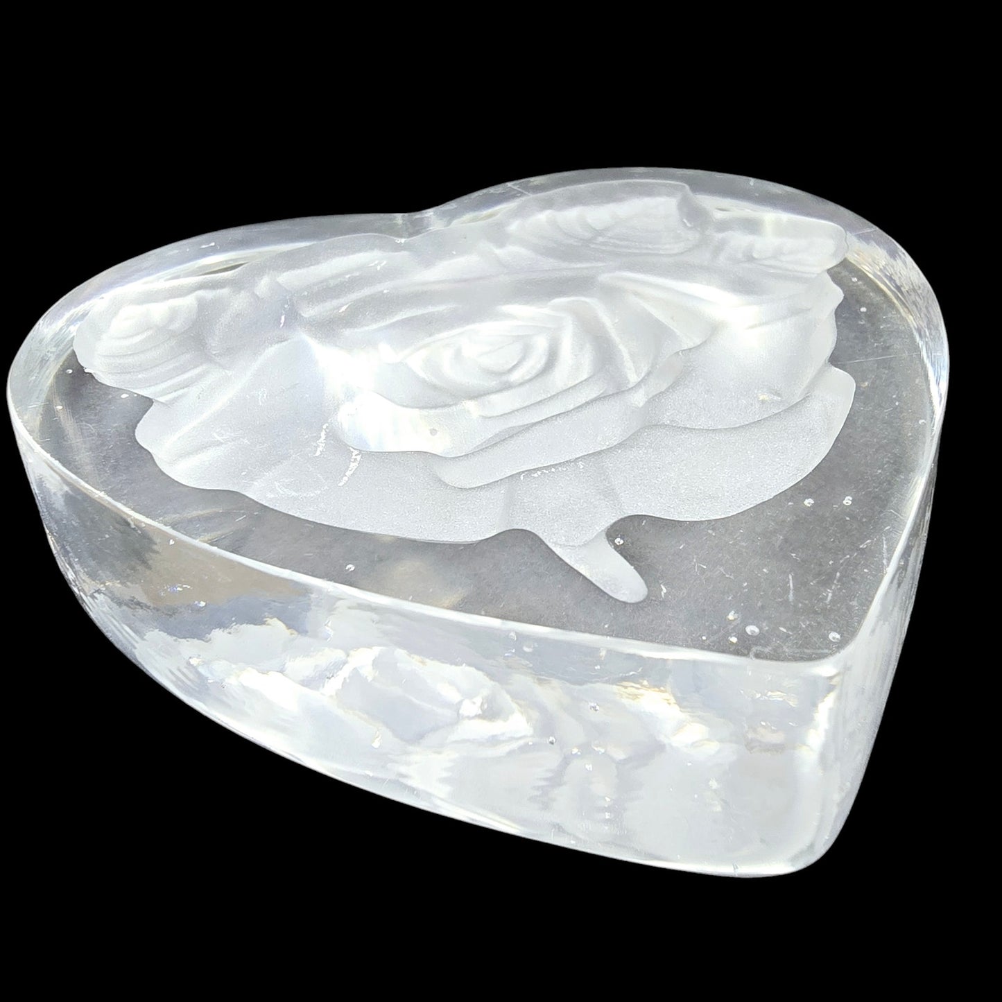 Crystal Etched Rose Heart Glass Paperweight 4" W