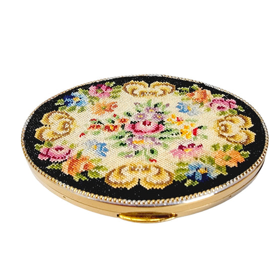 Exquisite Vintage Floral Petite Point Compact with Mirror, Puff and Pressed Powder