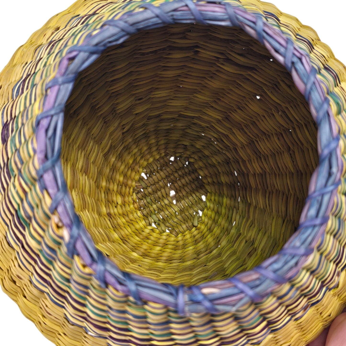Vintage Woven Seagrass Basket Coiled Boho Yellow Purple Blue Tapered Vase Planter