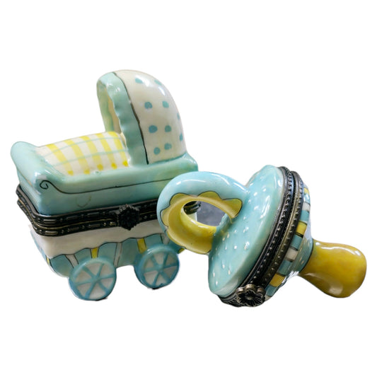 Vtg Baby Themed Trinket Boxes: Pacifier & Baby Carriage Baby Buggy Porcelain