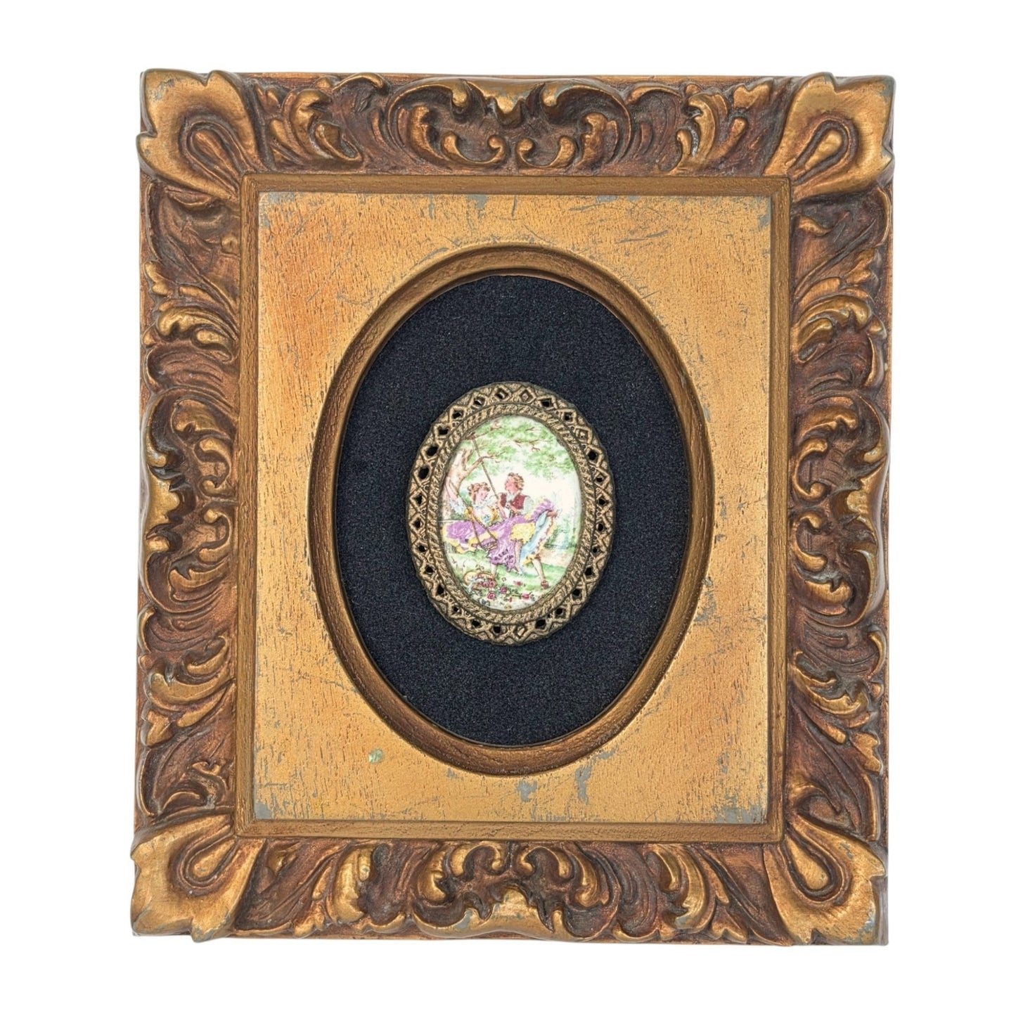 Vintage Courting Couple Miniature Portrait Plaque Ornate Frame Made in USA