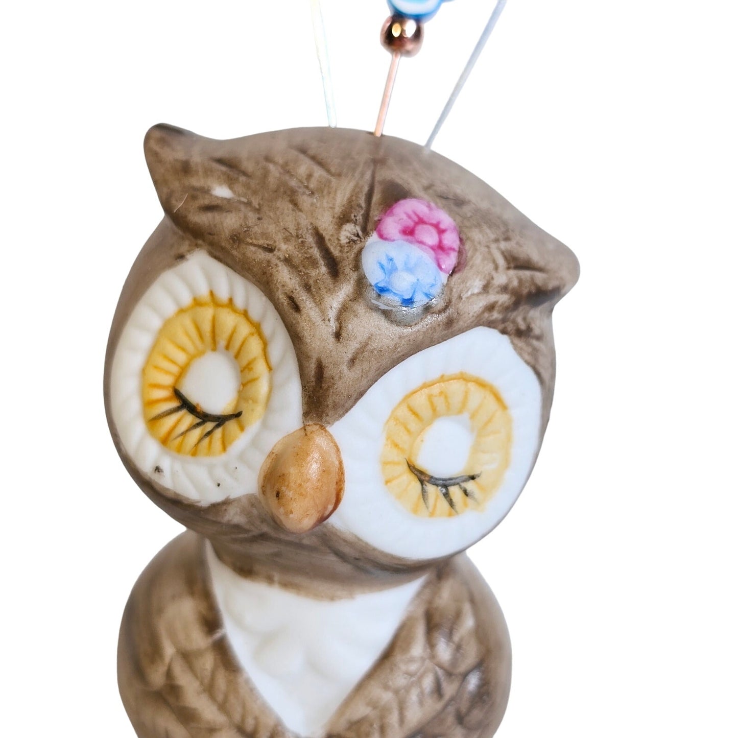 Porcelain Shy Owl Salt Shaker Display with 3 Hat Pins